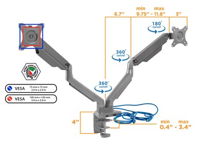 Mount-It! Dual Monitor Mount Arm with 2 USB Ports (MI-2762)