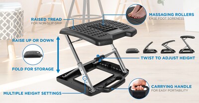 Under Desk Foot Rest, Black Ergonomic Footrest with Adjustable Height and  Massage Rollers for Home Office Work Comfort Pressure Relief