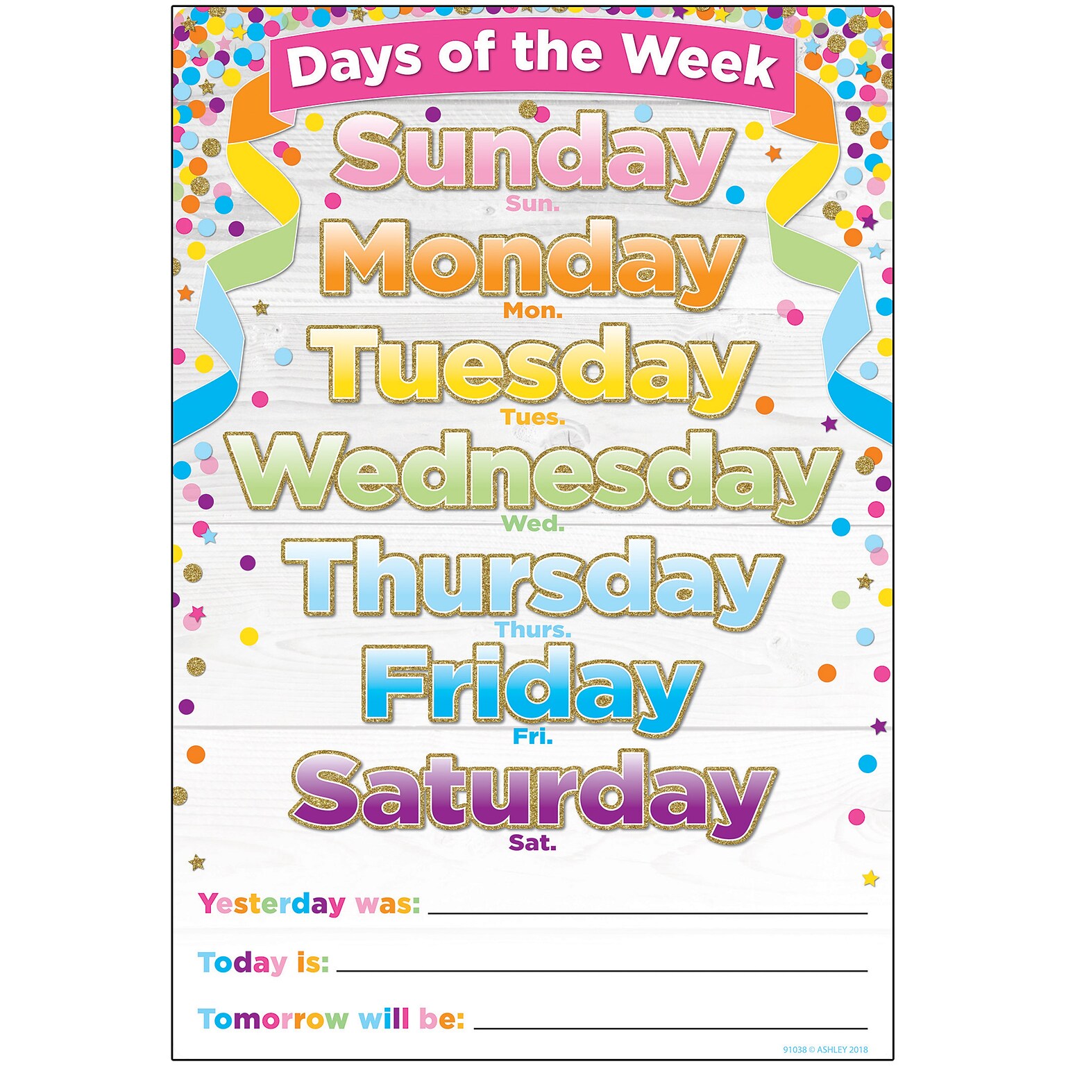 Ashley Productions Smart Poly™ Chart, 13 x 19, Confetti Days of the Week, Pack of 10 (ASH91038BN)