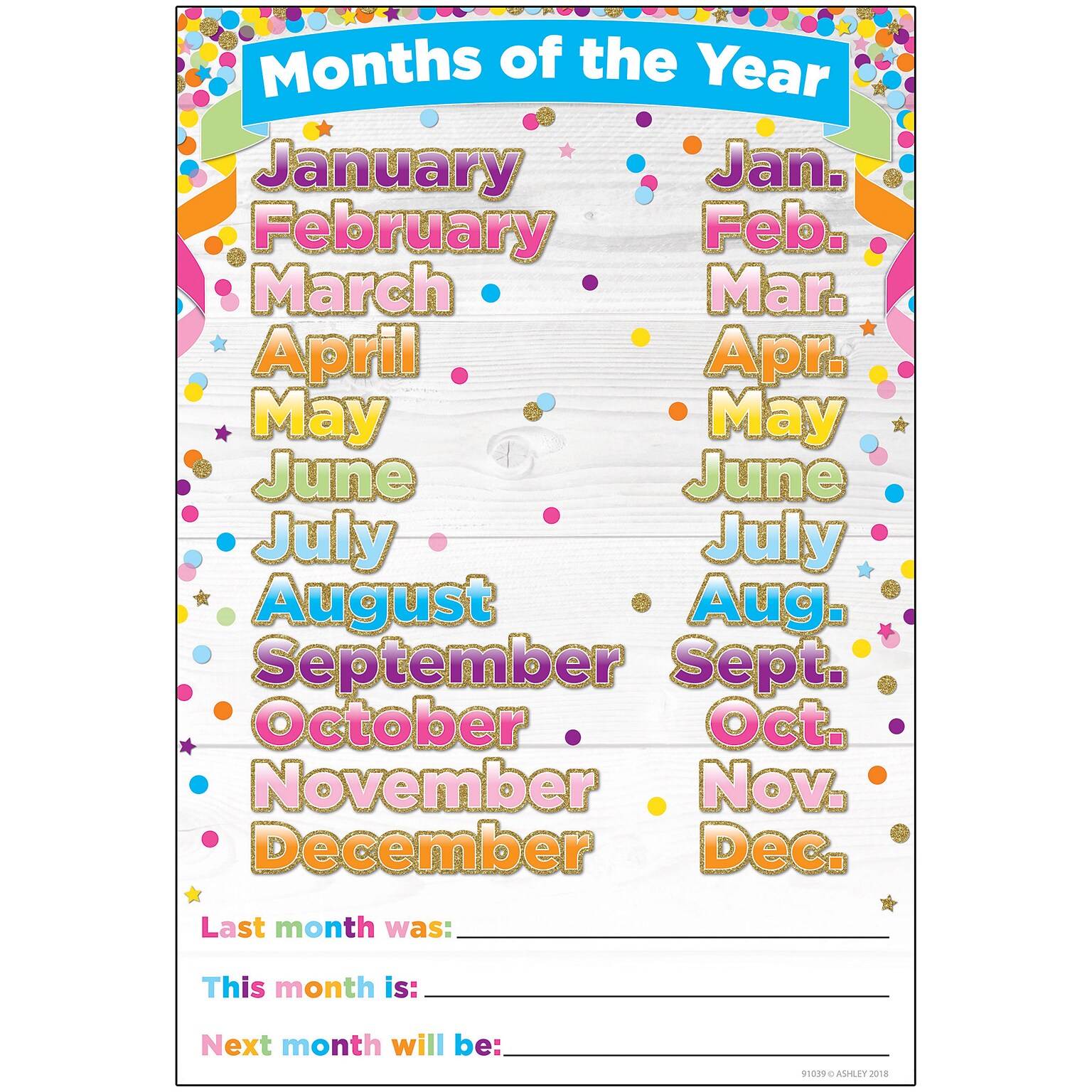 Ashley Productions Smart Poly™ Chart, 13 x 19, Confetti Months of the Year, Pack of 10 (ASH91039BN)