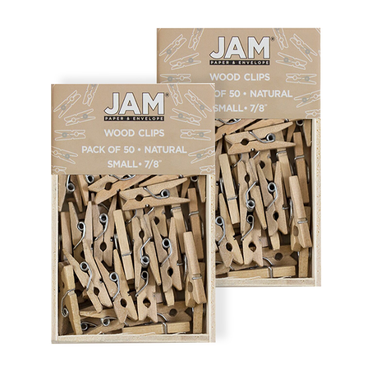 JAM Paper Wood Clip Small Wood Clothespins, Natural Brown, 2 Packs of 50 (3230717359A)