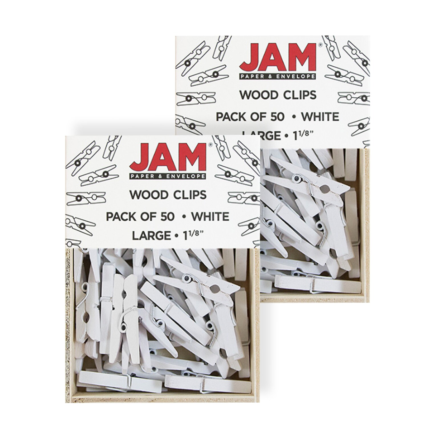 JAM Paper Wood Clip Medium Wood Clothespins, White Clothes Pins, 2 Packs of 50 (2230719109A)