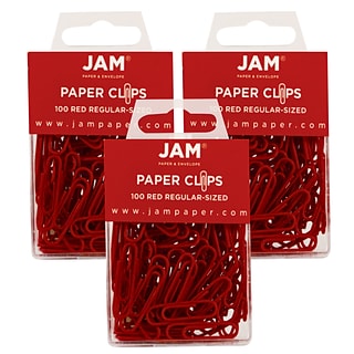 JAM Paper® Colored Standard Paper Clips, Small 1 Inch, Red Paperclips, 3 Packs of 100 (2185200B)