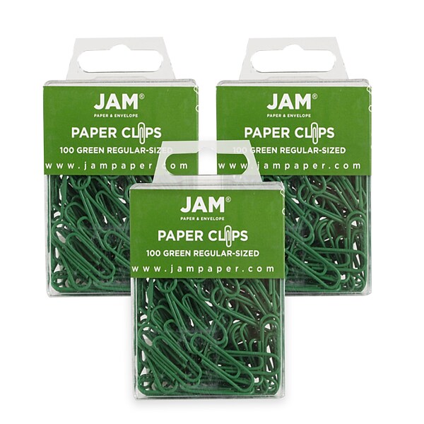 JAM Paper Small Paper Clips, Green, 3 Packs of 100 (2183752B)
