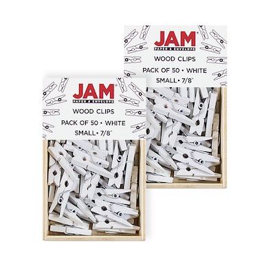 JAM Paper Wood Clip Small Wood Clothespins, White, 2 Packs of 50 (2230717360A)