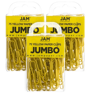 JAM Paper Jumbo Paper Clips, Yellow, 3 Packs of 75 (42182236B)