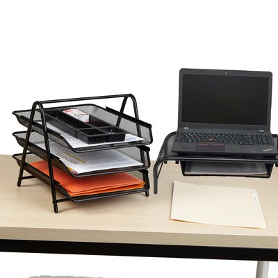 Mind Reader Metal Mesh Monitor Stand with Drawer Organizer, 3 Tier Mesh Paper Tray Organizer, 2 Piec