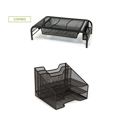Mind Reader Metal Mesh Monitor Stand with Drawer, Desktop Document Letter Tray for Folders, Mail, 2 Piece Set (MESHMONBOX-BLK)