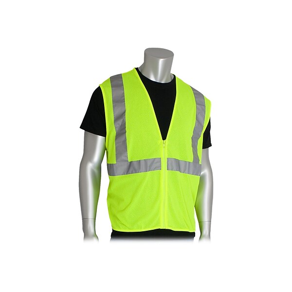 Protective Industrial Products Zipper Safety Vest, ANSI Class R2, Large, Hi-Vis Lime Yellow (302-MVGZ-LY/L)