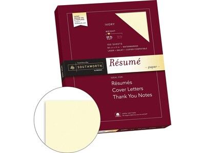 Southworth Resume Paper, 8.5 x 11, 24 lb., Wove-Finish, Ivory, 100 Sheets/Box (R14ICF)