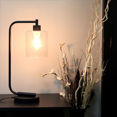 Simple Designs Bronson Antique Style Industrial Iron Lantern Desk Lamp with Glass Shade, Black (2637380)