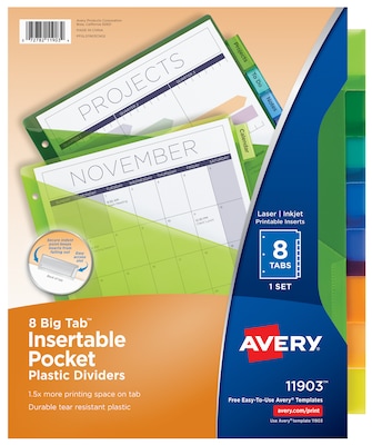 Avery Big Tab Insertable Plastic Dividers, 8 Tab, Multicolor, 24 Sets/Carton (11903)