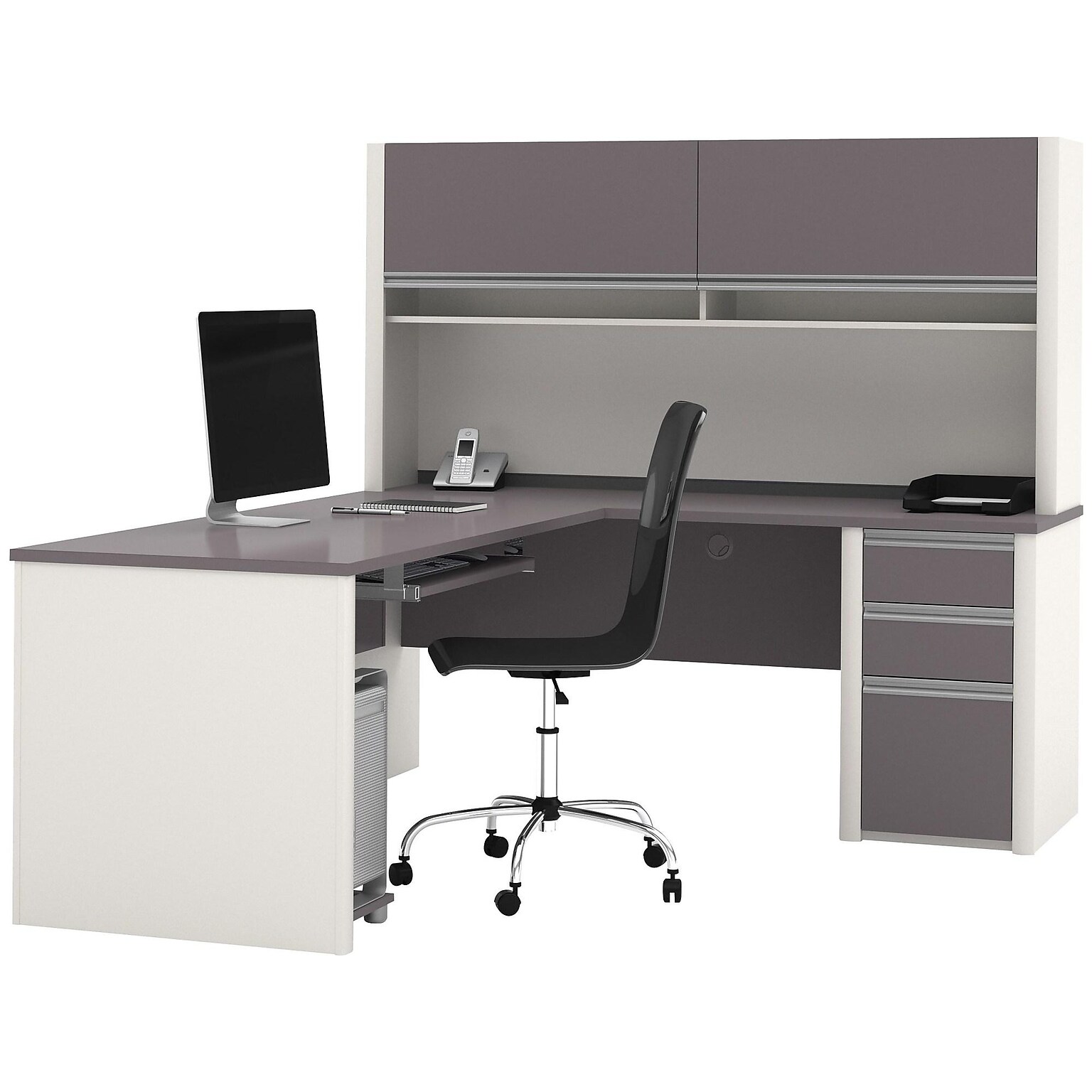 Bestar Connexion 71W L-Shaped Desk with Hutch and Pedestal, Slate/Sandstone (93859-59)