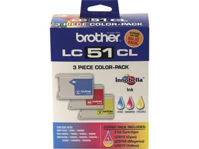 Brother LC51 Cyan/Magenta/Yellow Standard Yield Ink Cartridge, 3/Pack (LC-51CL3PK)