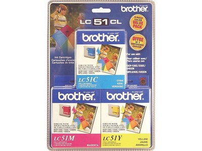 Brother LC51 Cyan/Magenta/Yellow Standard Yield Ink Cartridge, 3/Pack (LC-51CL3PK)