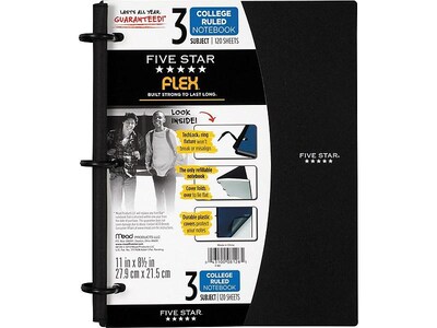 Five Star 3-Subject Notebook, 8.5" x 11", College Ruled, 120 Sheets, Assorted Colors (08126)
