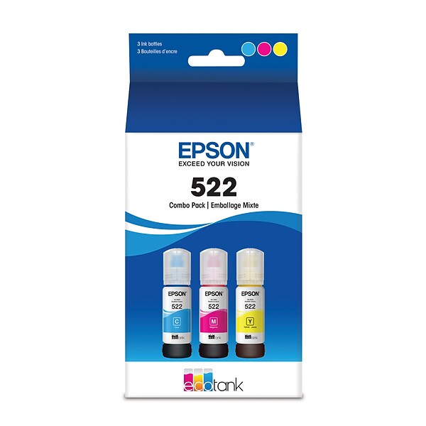 Epson T522 Cyan/Magenta/Yellow Standard Yield Ink Bottle, 3/Pack (T522520-S)