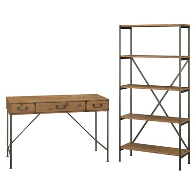 kathy ireland® Home by Bush Furniture Ironworks 48W Writing Desk and 5 Shelf Etagere Bookcase, Vintage Golden Pine (IW008VG)
