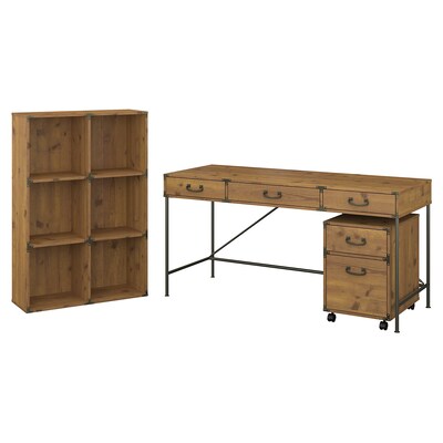 kathy ireland® Home by Bush Furniture Ironworks Writing Desk with Cube Organizer and Mobile File, Vintage Golden Pine (IW015VG)