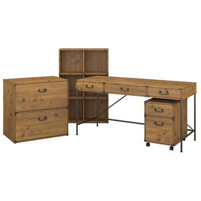 kathy ireland® Home by Bush Furniture Ironworks 60W Writing Desk with File Cabinets and Bookcase, Vintage Golden Pine (IW017VG)