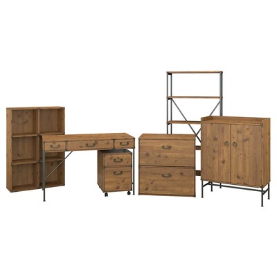 kathy ireland® Home by Bush Furniture Ironworks Writing Desk with File Cabinets, Bookcases and Storage, Vintage Golden Pine