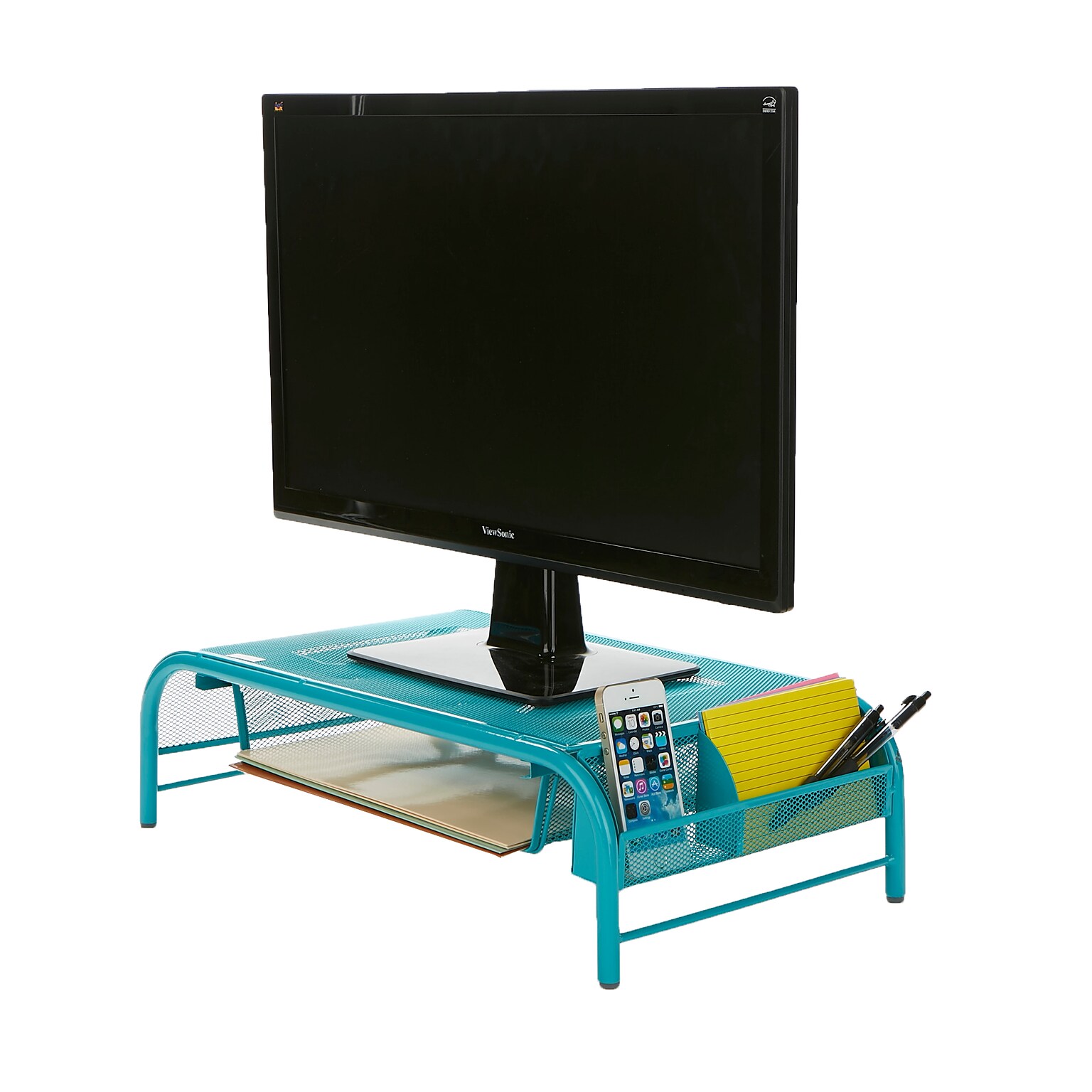 Mind Reader Network Collection Metal Mesh Monitor Stand with Drawer, Up to 24 Monitor, Turquoise (MESHMONSTA-TUR)