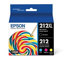 Epson T212 Black High Yield and Cyan/Magenta/Yellow Standard Yield Ink Cartridge, 4/Pack (T212XL-BCS