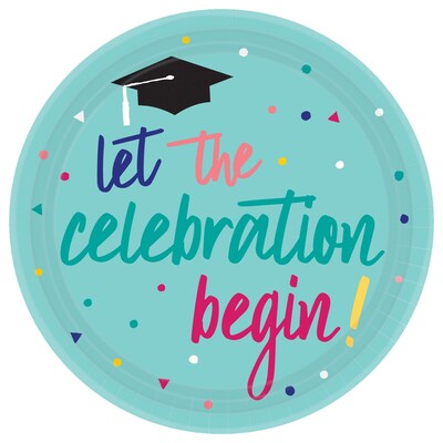Amscan Yay Graduation Food & Beverage Accessories, 7 in. Round Paper Plates, 4 Pack (742290)