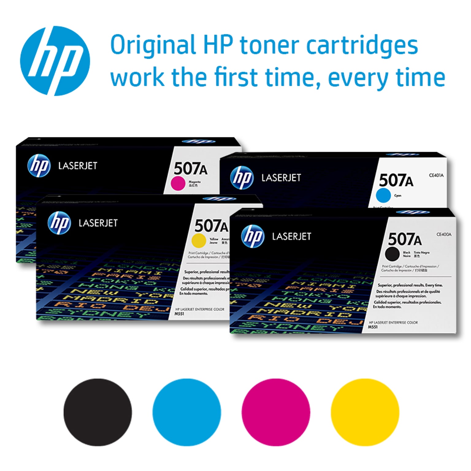 HP 507A Black/Cyan/Magenta/Yellow Original LaserJet Toner, Multi-pack (4 Pack)