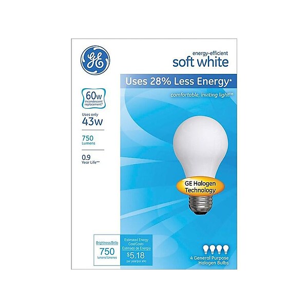 GE 43 Watt, 620 Lumen, Soft White Halogen Bulb, 4/Pack (66247)