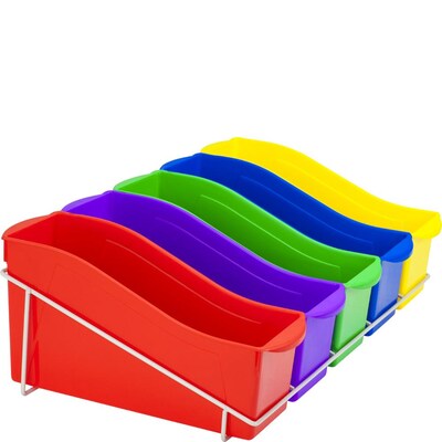 Storex Metal Shelf Rack with 5 Large Book Bins, 7.25 x 14.3 x 25.69, Assorted Colors (71125U01C)