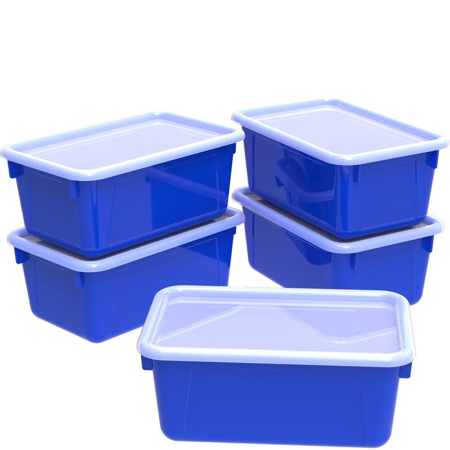 Storex Plastic Small Cubby Bins with Lids, 5.1 x 7.8 x 12.2, Blue/Clear, 5/Carton (62408U05C)