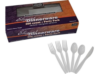 Berkley Square Elegant Dinnerware Party Pack Plastic Assorted Cutlery Set, Medium-Heavy Weight, White, 360/Pack (1065008)