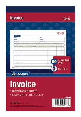 Adams 3-Part Carbonless Invoices, 8.44W x 5.56L, 50 Sets/Book (TC5840)