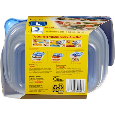 Glad Big Bowl Food Storage Containers with Lids, 48 oz, Clear/Blue, Plastic,  3/Box