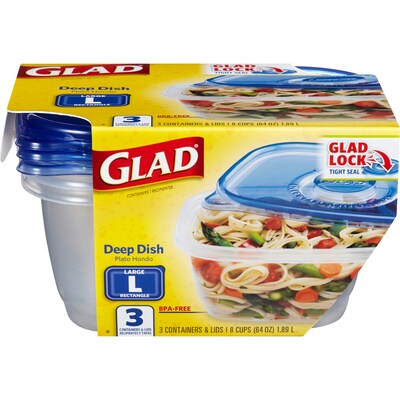 Glad Big Bowl 48 Oz. Plastic Container with Lid, Round, Clear/Blue, 3/Box  (BBG10691)
