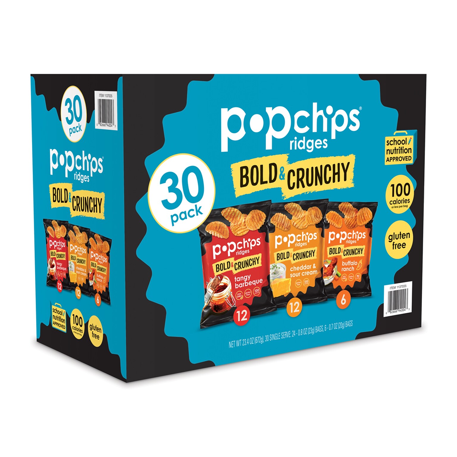 popchips Ridges Potato Chips, 0.8 oz., 30 Bags/Pack (SMC94000)