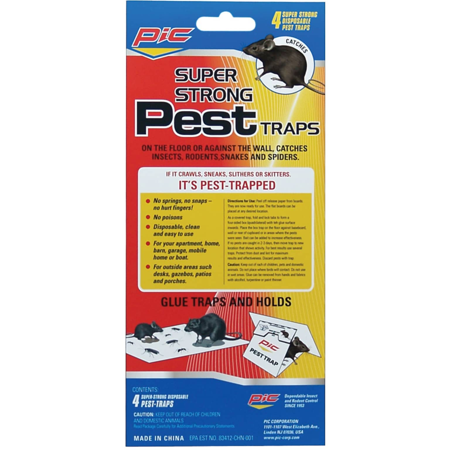 PIC Glue Pest Trap for Spiders & Snakes, 4-Pack, (GPT-4)