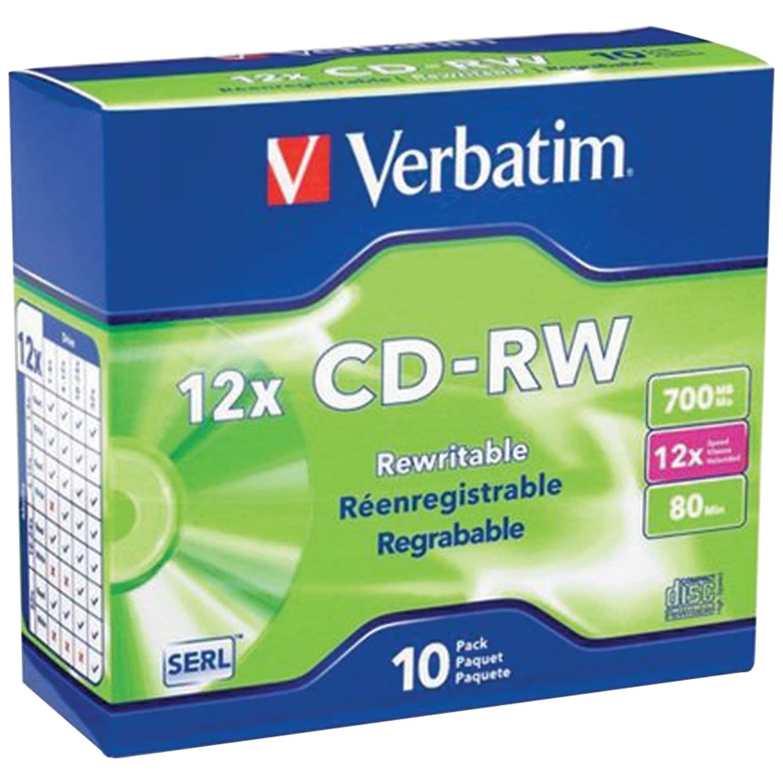 Verbatim 700 MB 80-Minute 4x–12x High-Speed Branded CD-RWs, 10 Pack (VTM95156)
