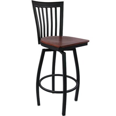 Advantage Vertical Slat Back Metal Swivel Bar Stool - Mahogany Wood Seat (SBVB-BFMW-2)