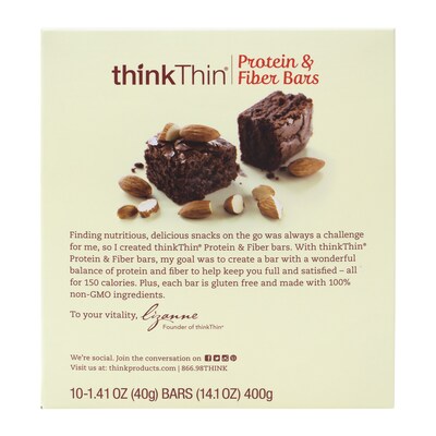 thinkThin Gluten Free Almond Brownie Protein Bar, 10 Bars/Box (307-00117)