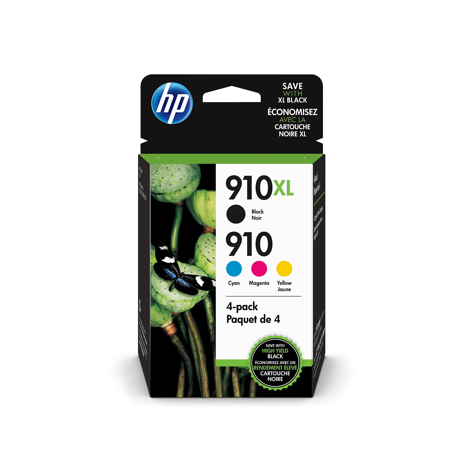 HP 910XL/910 Black High Yield and Cyan/Magenta/Yellow Standard Yield Ink Cartridge, 4/Pack (3JB41AN#140)