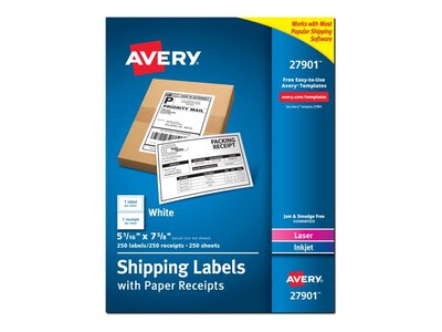 Avery Laser/Inkjet Shipping Labels With Paper Receipts, 5 1/16 x 7 5/8, White, 1 Label/Sheet, 250 Sheets/Box