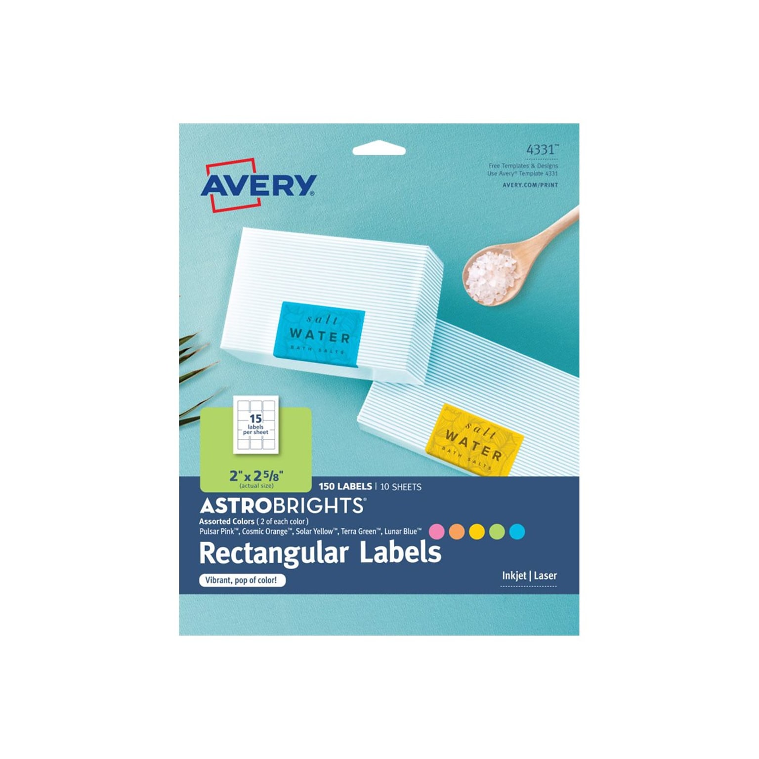 Avery Astrobrights Laser/Inkjet Multipurpose Labels, 2 x 2 5/8, Assorted Colors, 15 Labels/Sheet, 10 Sheets/Pack (4331)