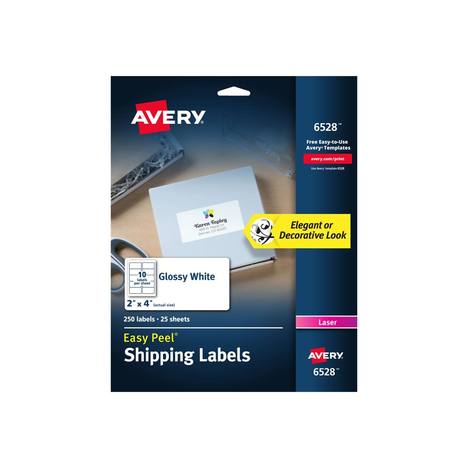 Avery Easy Peel Laser Shipping Labels, 2 x 4, White, 10 Labels/Sheet, 25 Sheets/Pack (6528)