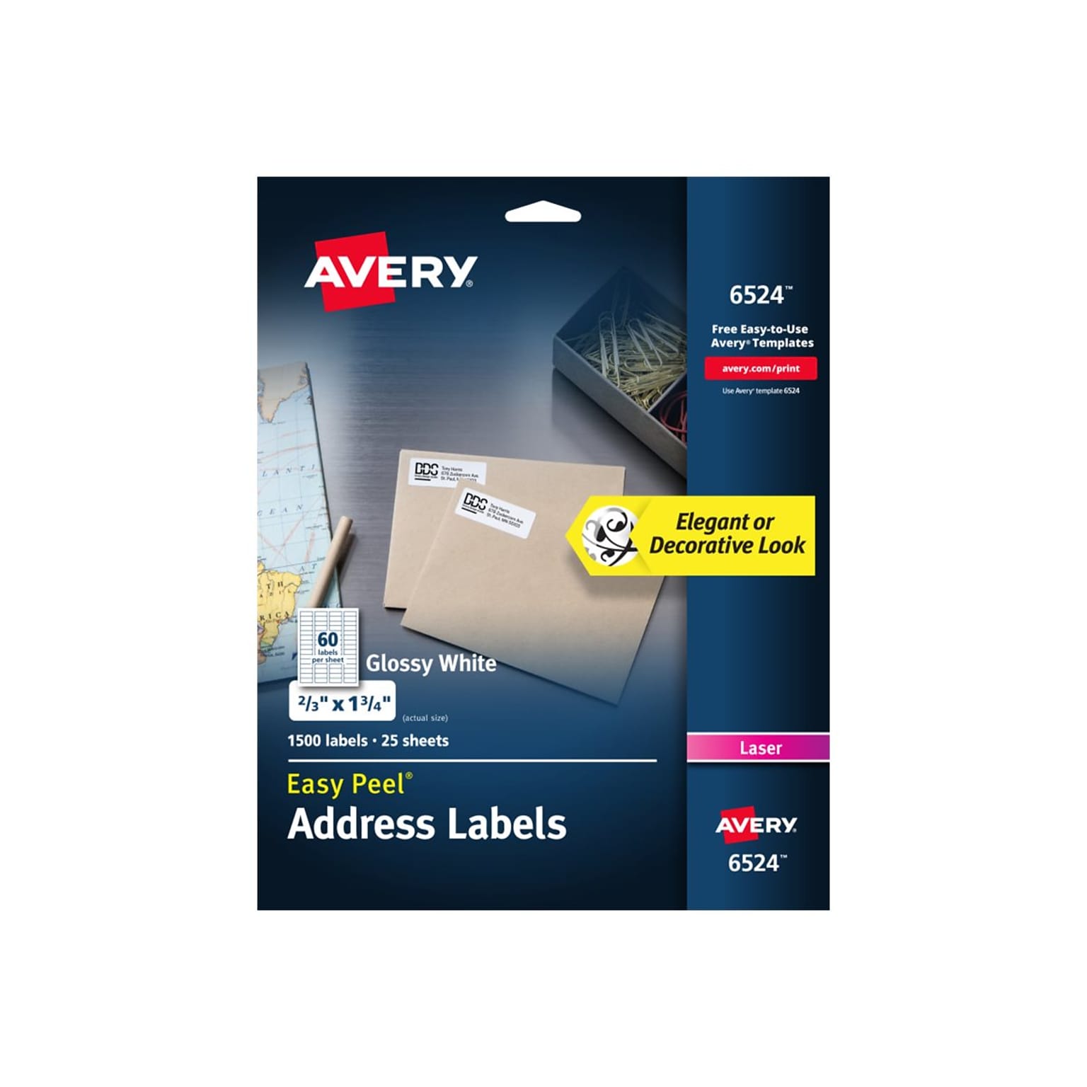 Avery Easy Peel Laser Address Labels, 2/3 x 1 3/4, White, 60 Labels/Sheet, 25 Sheets/Pack (6524)