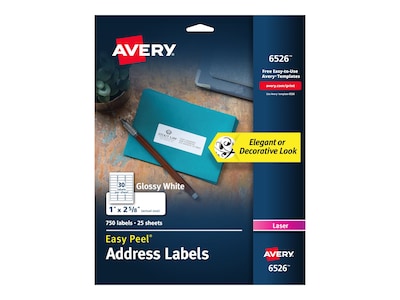 Avery Easy Peel Laser Address Labels, 1 x 2 5/8, White, 30 Labels/Sheet, 25 Sheets/Pack (6526)