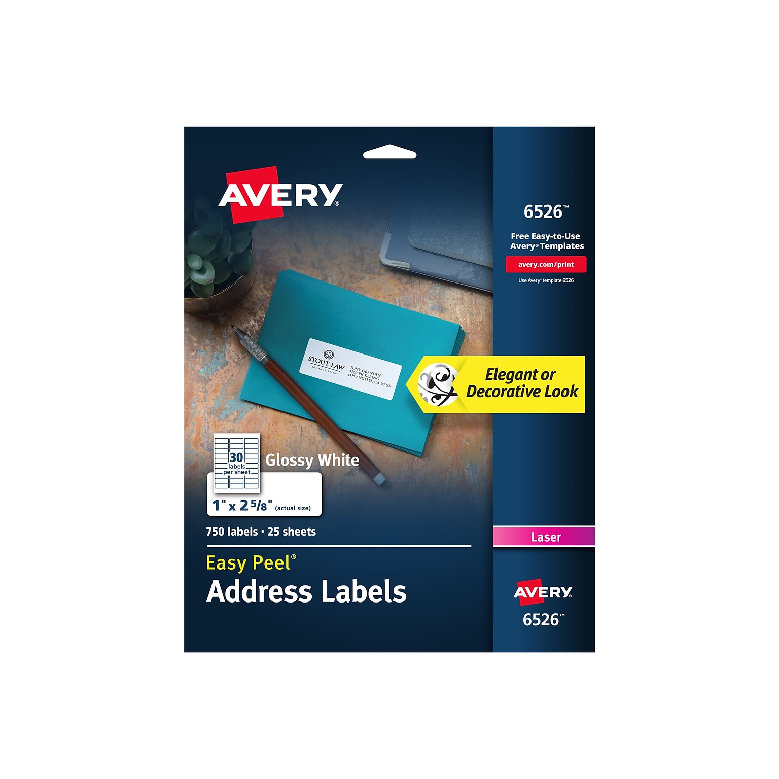Avery Easy Peel Laser Address Labels, 1 x 2 5/8, White, 30 Labels/Sheet, 25 Sheets/Pack (6526)
