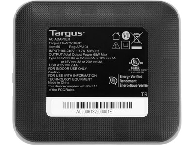 Targus 65W Charger for USB-C Enabled Devices, Black (APA104BT)