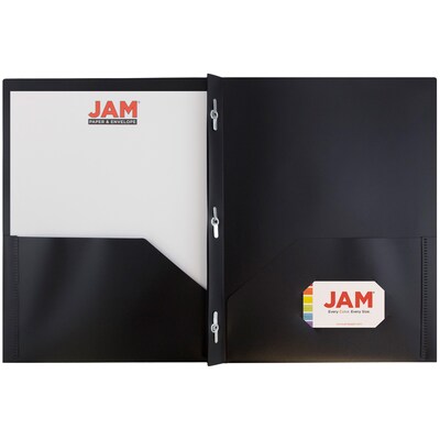 JAM Paper® Plastic Two-Pocket School POP Folders with Metal Prongs Fastener Clasps, Black, Bulk 96/Pack (382ECBLB)